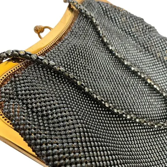 1930s Whiting & Davis Vintage Gunmetal Metal Mesh Chain Strap Evening Bag Purse